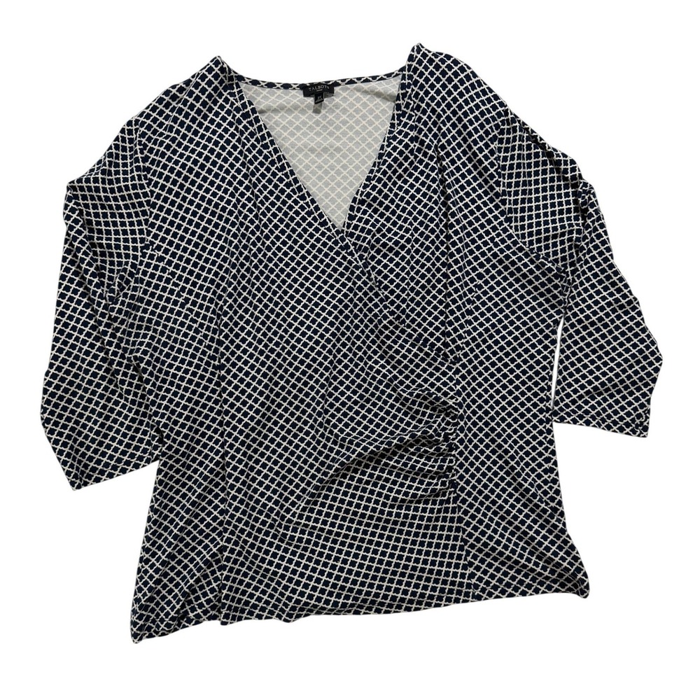 Talbots Woman 2X Navy White Geometric Faux Wrap Stretch Knit Top